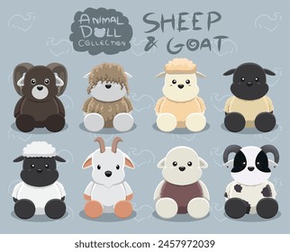 Animal Dolls Sheep Goat Set Cartoon Vector Illustration