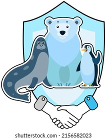 Animal donation, care and protection concept. Adoption of pets, shelter. Wild animal welfare. Conservation and security of northern animals, environmental protection day icon with handshake symbol