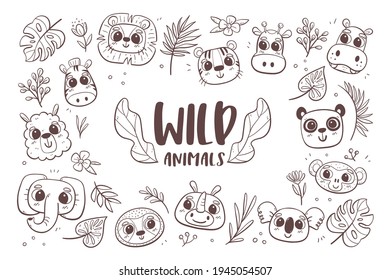 Animal doodle background. Wild animal heads with tropical plants and leaves. Perfect for coloring books and children activities. Vector illustration.