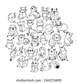 animal doodle vector set. minimalism, symbols, silhouettes of animals from the zoo. cute faces for children. drawn by a line. lion, cat, fox, giraffe, owl, monkey, unicorn, hare. simple flat style