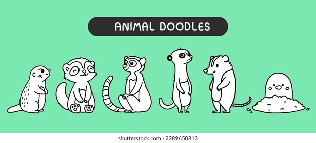 Doodles para animales, contorno blanco y negro para libro de colorantes