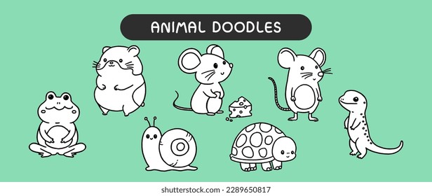 Animal doodles, black and white outline for coloring book