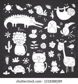 Animal Doodles Set. Cute Animals sketch. Hand drawn Cartoon Vector illustration on chalkboard background.
