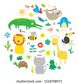 Animal Doodles Set. Cute Animals sketch. Hand drawn Cartoon Vector illustration on white background.