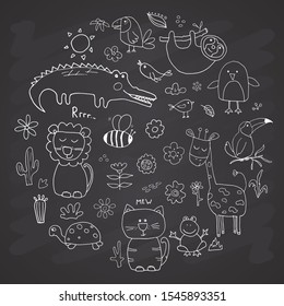 Animal Doodles Set. Cute Animals sketch. Hand drawn Cartoon Vector illustration on chalkboard background.