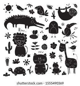 Animal Doodles Set. Cute Animals sketch. Hand drawn Cartoon Vector illustration on white background.