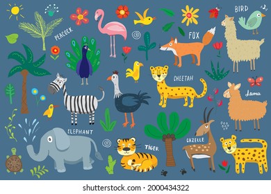 Animal Doodles Set. Cute Animals sketch. Hand drawn Cartoon Vector illustration.