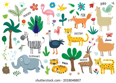 Animal Doodles Set. Cute Animals sketch. Hand drawn Cartoon Vector illustration.