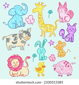 Dibujos de animales con crayón. Dibujo de garabatos para niños, dibujo de caramelos para niños y elefante dibujado a mano, león, conejo, cerdo, vaca, perro, gato y jirafa doodle de lápiz pastel ilustración vectorial