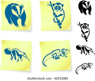 Animal drawings on post it notes original vector illustration 6 color versions included