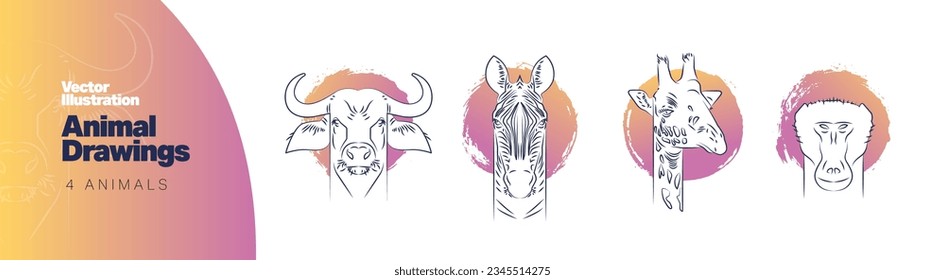 Animal Drawings, vector illustration and graphic design. 4 animals. Bull, Zebra, Giraffe and Primate. Animal drawings on gradient background.