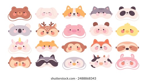 Animal dreaming masks. Children sleep mask, cartoon mascots. Travel night accessories. Bear pig unicorn panda fox faces, racy vector trip clipart