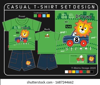 animal driving car cartoon, vector animal design illutration for t shirt set printing