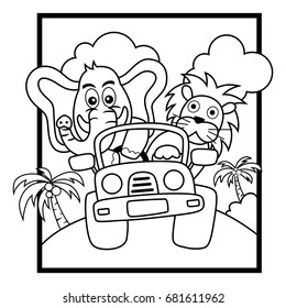Animal driving car, vector cartoon illustration. Coloring book illustration