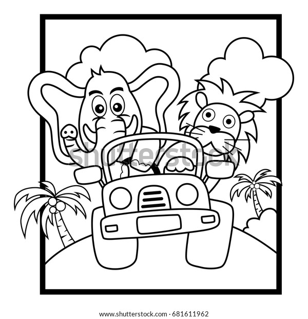 Animal driving car, vector cartoon
illustration. Coloring book
illustration