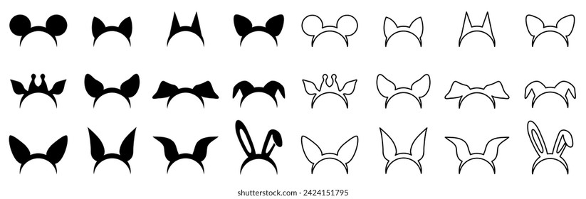 Animal ears mask set, beasts head masks, wild and domestic animals head for party masquerade, mouse, cat, dog, wolf, hare, koala, raccoon, deer, bull, rhinoceros, lion and more - vector