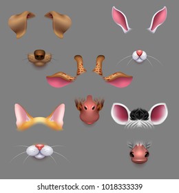 Animal ears and noses. Vector selfie photo filters animals faces masks. Funny effect animal mask avatar for photo selfie illustration