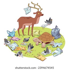 Problema ecológico animal. Animales rodeados de basura y bolsas plásticas. Estilo de caricatura. Caricatura colorida. Graciosa ilustración vectorial. Aislado sobre fondo blanco