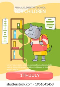 Animal elementary school for children. Cute mouse schoolgirl with backpack come to study at class