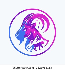 Animal emblem featuring a ram, mountain, and big cat in vibrant gradients.