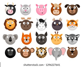 Animal emoticons. Horse and zebra heads, monkey and dog face icons, tiger and elephant funny friend cartoon pack isolated on white, vector illustration