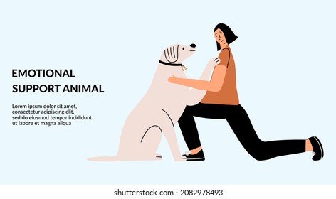 Animal Emotional Support Concept. Girl With A Labrador. Landing Page, Design, Template. Vector Hand Drawing Illustration.