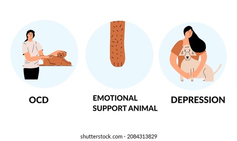 Animal emotional support concept. Positive pet therapy for mental health illness.  Infographics, template. Vector hand drawing illustration.