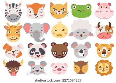 Las emociones de los animales establecen el concepto sin que las personas sientan la escena en el estilo de las caricaturas planas. Imágenes de caras de varios animales salvajes. Ilustración vectorial.