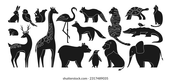 Animal engraving shape set. Cute parrot squirrel, frog, giraffe. Panda and bear penguin. Mammals animals characters for baby design. Deer cat turtle fox lion tiger vector print stamp jungle collection