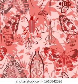 Animal exotic background. Vector seamless pattern made of watercolor insects mixed with meadow flowers and plants silhouettes. Hand drawn butterflies, beetles, dragonfly, bee. Watercolor texture.