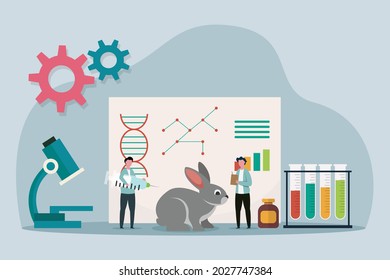 Animal experiment vector concept: Male scientists doing experiment with rabbit while using injection 