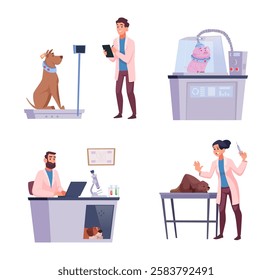 Animal experiments. Scientists working in laboratory with different animals exact vector experiments concept illustrations in cartoon style