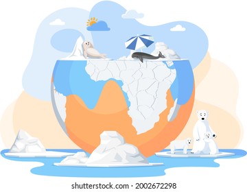 Animal extinction concept. Melting glaciers, global warming and climate change on Earth. Polar animals suffer from melting glaciers. Rising water levels due to climate change vector illustration