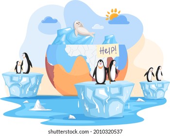 Animal extinction due to glaciers melting concept. Global warming and climate change on Earth. Polar animals on melting icebergs ask for help. Penguins and seals near planet during global warming