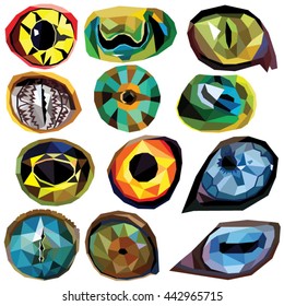 Animal eye set colorful low poly designs isolated on white background. Vector illustration. Collection in a modern style.