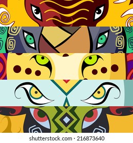 Animal eyes. Elephant, buffalo, lion, leopard, rhino. Color vector illustration.