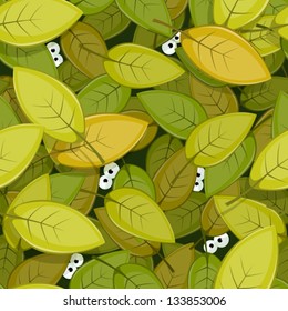 Animal Eyes Inside Green Leaves Seamless Background/ Illustration of a seamless green leaves background with funny cartoon creatures animal eyes staring for nature forest wallpaper
