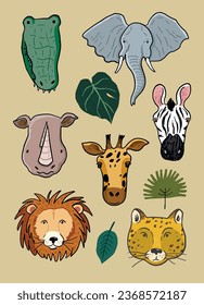 Animal face Africa vector illustrations set.