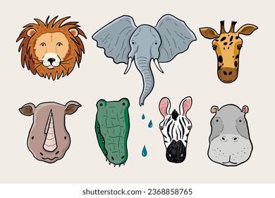 Animal face Africa vector illustrations set.