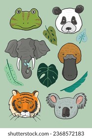 Animal face Asia vector illustrations set.