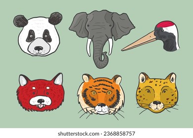 Animal face Asia vector illustrations set.