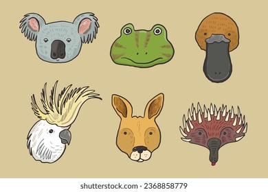 Animal face Australia vector illustrations set.