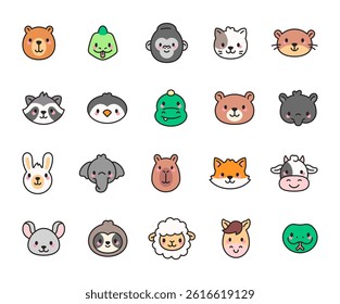 Animal face character set with funny emotions, charming fur creatures, cute reactions, friendly species, happy styles and adorable illustrations for yours designs projects
