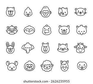 Animal face character set with funny emotions, charming fur creatures, cute reactions, friendly species, happy styles and adorable illustrations for yours designs projects