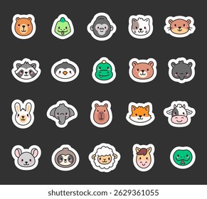 Animal face character set with funny emotions, charming fur creatures, cute reactions, friendly species, happy styles and adorable illustrations for yours designs projects