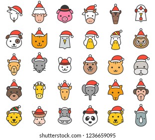 Animal face with Christmas hat vector, filled icon editable outline