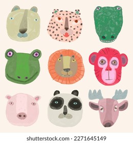 Animal face collection. watercolor vector illustration, cute design for kids. monkey, frog, lion, leopard, crocodile, tiger, bear, deer, panda, pig