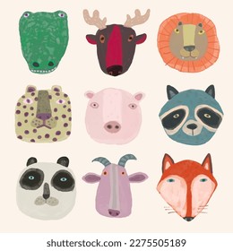 Animal face collection. watercolor vector illustration, cute design for kids. lion, leopard, fox, goat, crocodile, raccoon, tiger, deer, panda, pig