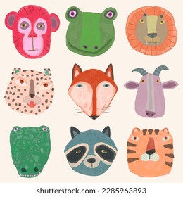 Animal face collection. watercolor vector illustration, cute design for kids. monkey, frog, lion, leopard, crocodile, tiger, goat, raccoon, fox