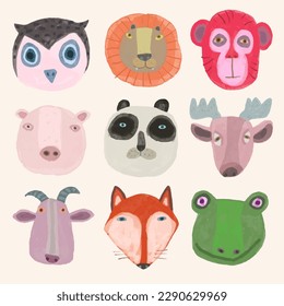 Animal face collection. watercolor vector illustration, cute design for kids. monkey, frog, lion, fox, deer, panda, pig, owl, goat
